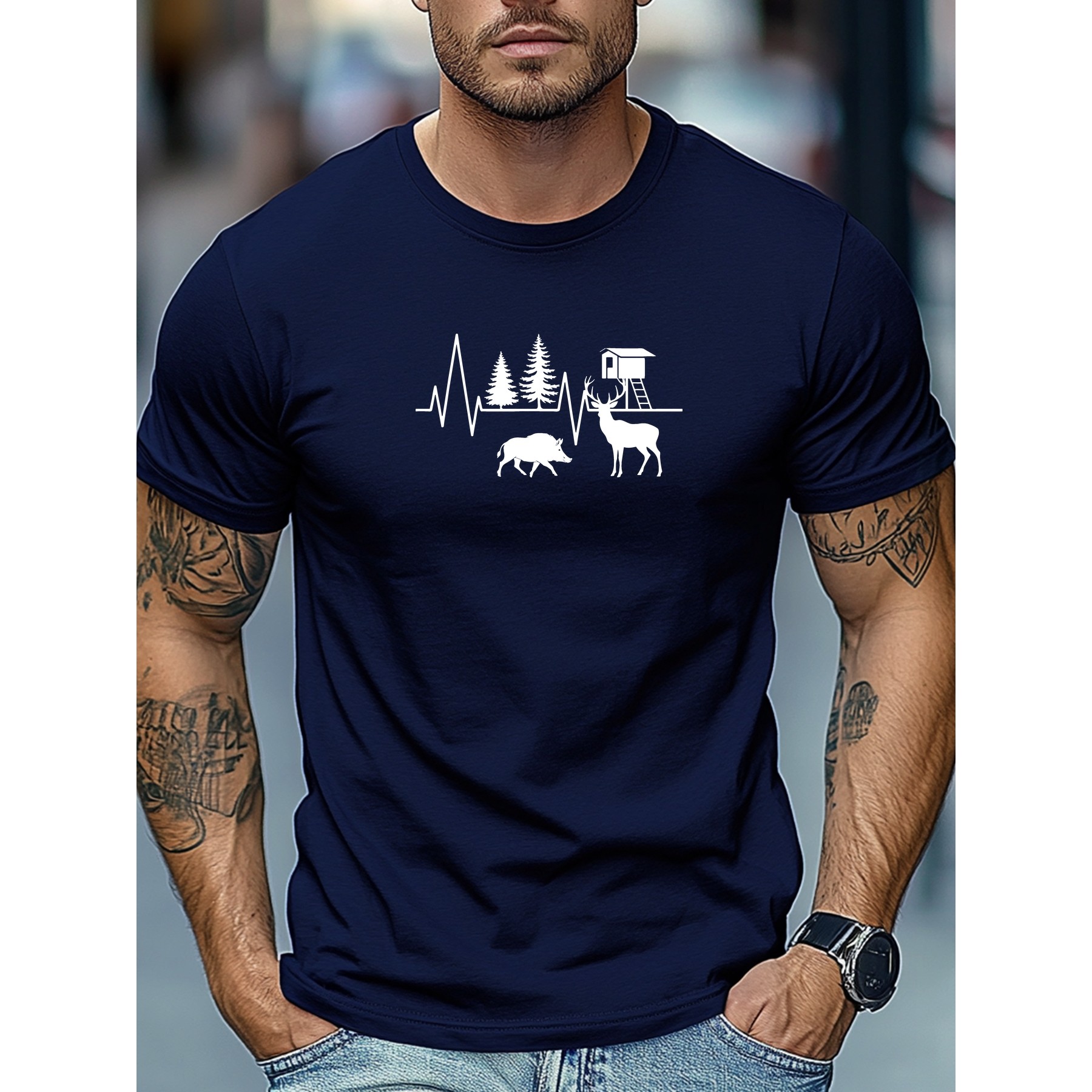 Outdoor Hunting Graphic Tees - Jagd-Herzschlag-Grafik-T-Shirt Herren Baumwolle Rundhals Kurzarm T-Shirt
